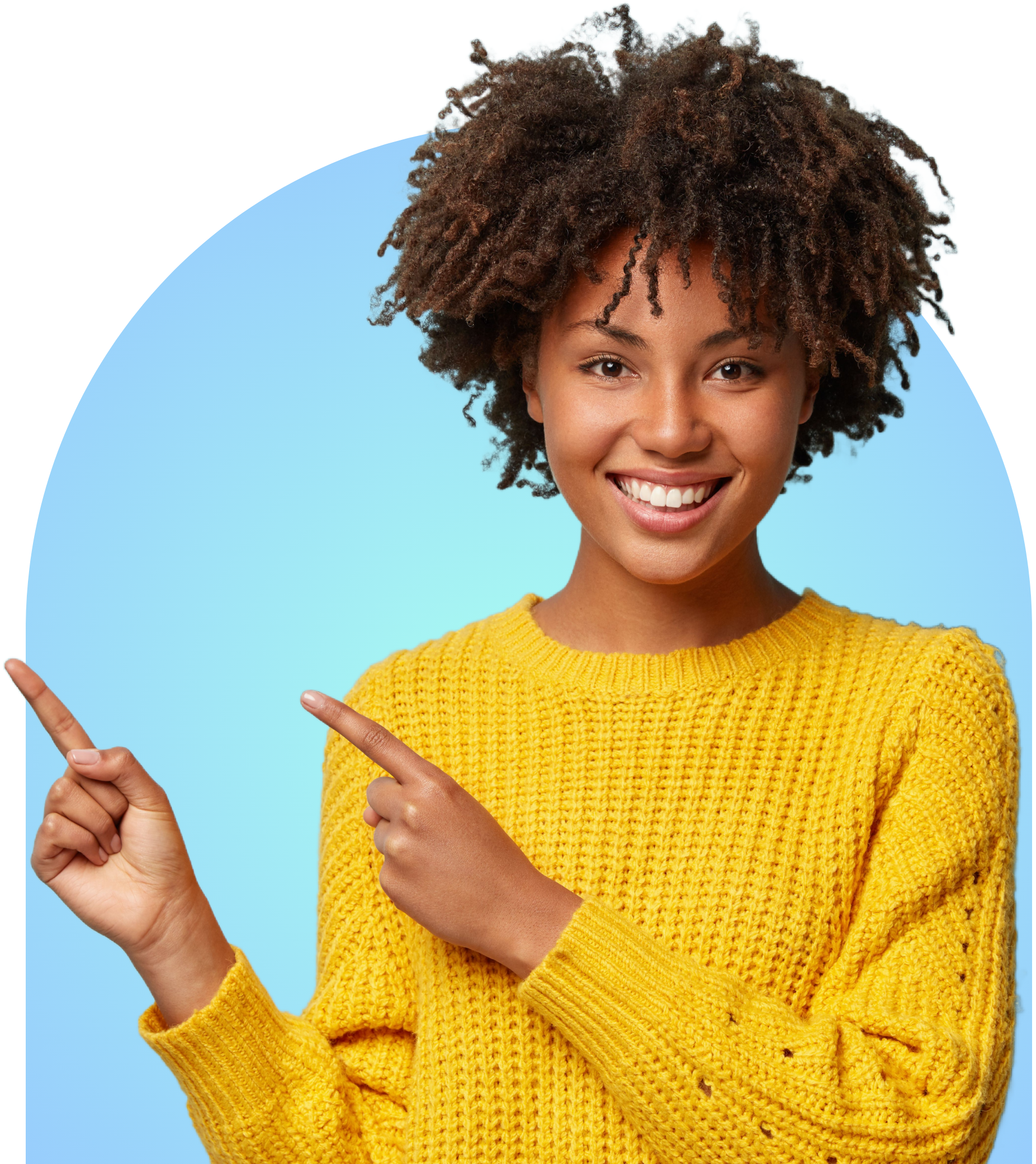 girl in yellow sweater, in front of a blue background, smiling and pointing to the left 